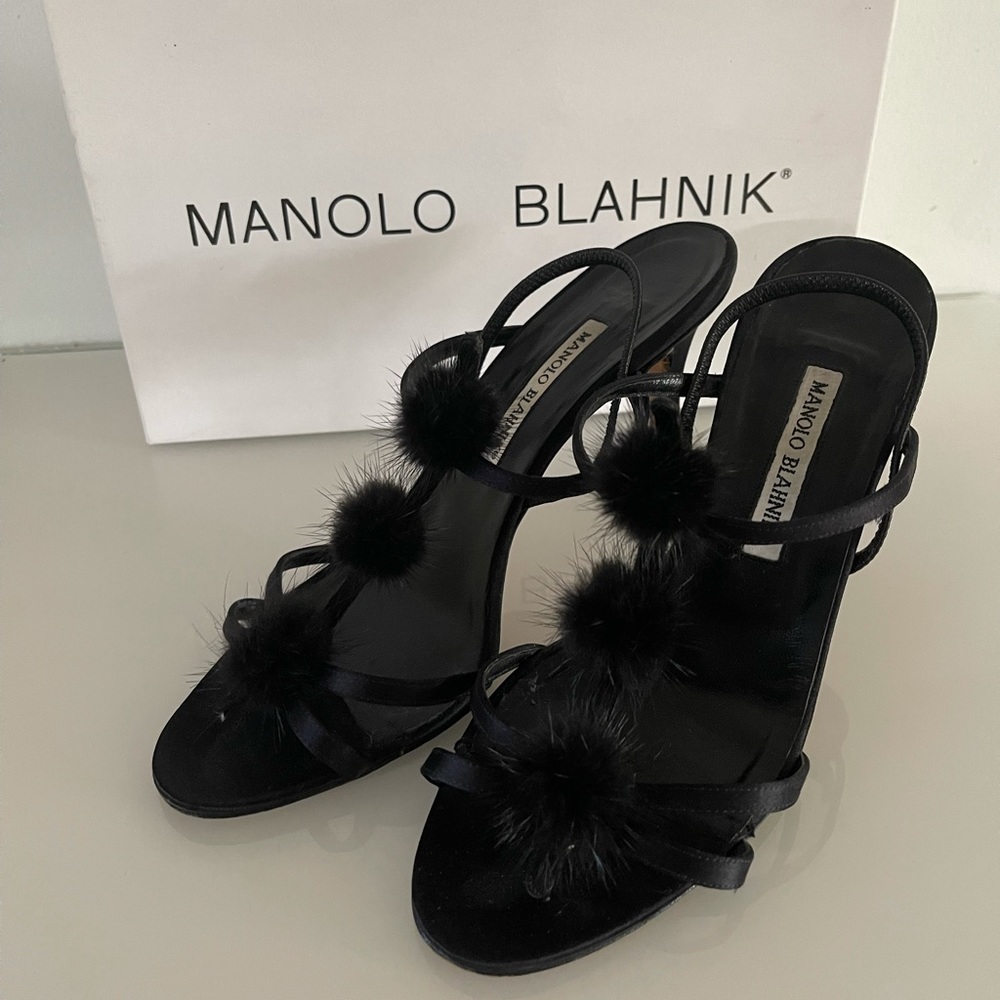 Manolo Blahnik Black Heels with Mink Balls - Picture 2 of 12